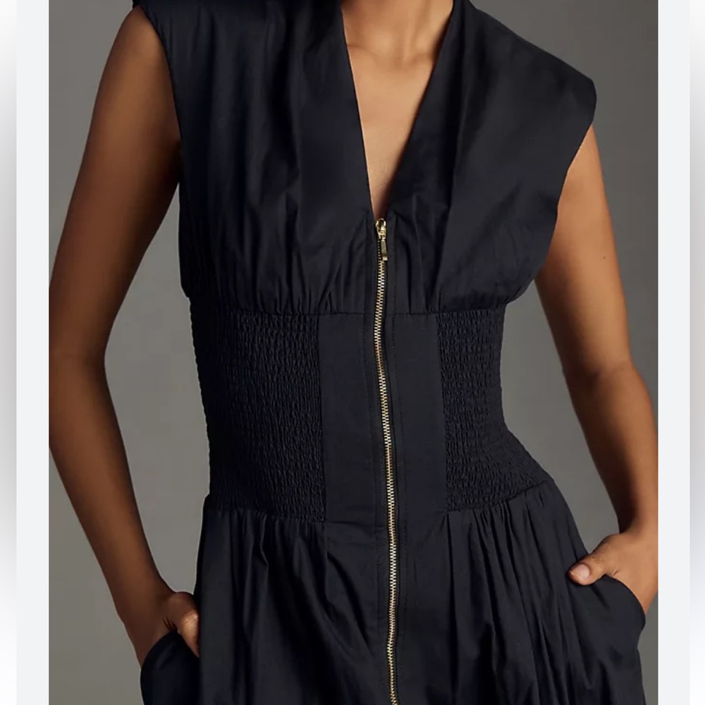 The Tommie Cap-Sleeve Smocked Front-Zip Shirt Dress